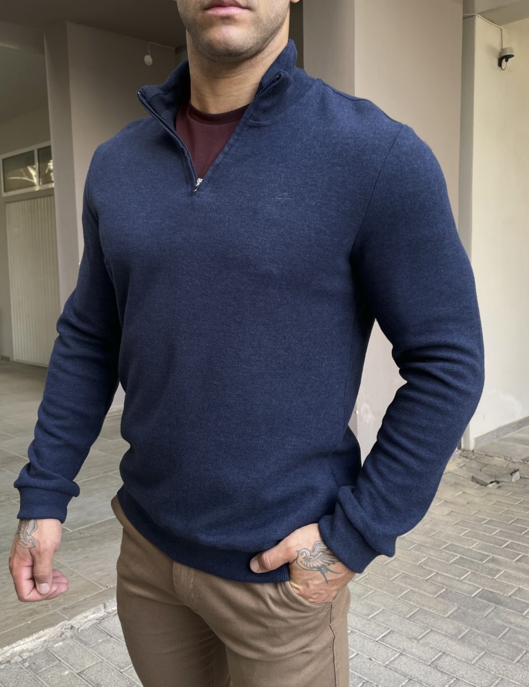 Ανδρικό μπλε πουλόβερ μονόχρωμο με γιακά 4263N φωτογραφία